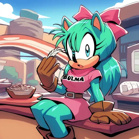 dragon ball, blmpony, aqua hair, hair ribbon, (long hair), long hair/quills, long quills, quill-like bangs, pink shirt, belt, scarf, pink skirt, clothes writing, brown gloves, medium breasts, Bulma as a Hedgehog, Mobian Hedgehog, 1girl, (Hedgehog), (hedgeh...