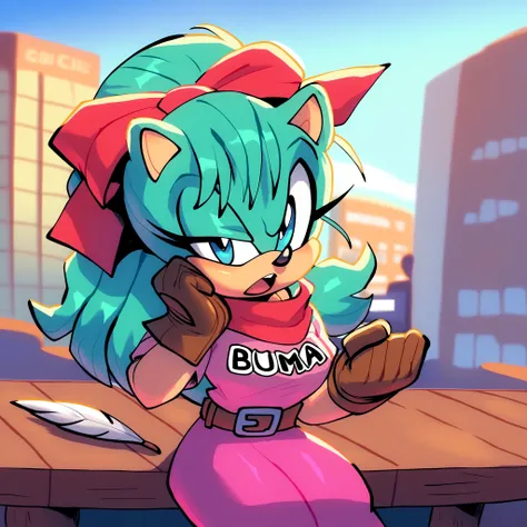 dragon ball, blmpony, aqua hair, hair ribbon, (long hair), long hair/quills, long quills, quill-like bangs, pink shirt, belt, scarf, pink skirt, clothes writing, brown gloves, medium breasts, Bulma as a Hedgehog, Mobian Hedgehog, 1girl, (Hedgehog), (hedgeh...