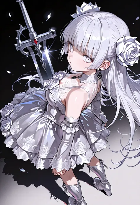 1 girl, , standing, segmented blade, Fair skin, Cropped White Lace Gothic Top, piercing, Beautifully Detailed White Eyes, Long Thick White Hair, princess cut,Looking back at the viewer, Thighs, leather mesh gothic white rose print skirt, Long Glamorous B...