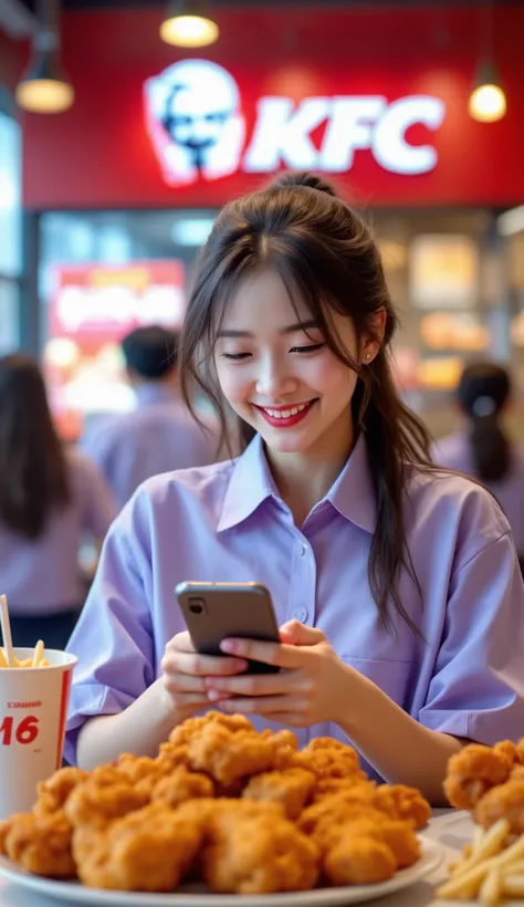  high school student
#This image is made of ai, not a real person

Prompt: A young Thai woman sitting in a KFC store wearing a light purple student shirt and dark skirt, a Thai school dress. She has long hair, ties her back partially, and is smiling in an ...