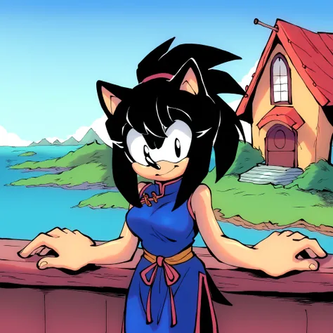 chichixl, blue cheongsam dress, bare shoulders, medium breasts, closed mouth, sidelocks, sleeveless, (long hair), long hair/quills, long quills, ponytail, hair bangs, quill-like bangs, bare arms, blue dress, Chi Chi as a Hedgehog, Mobian Hedgehog, 1girl, (...