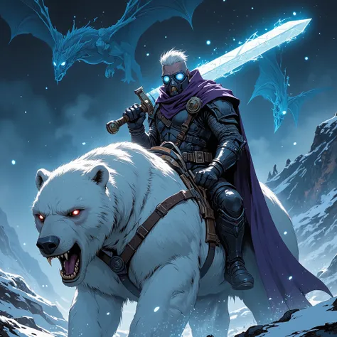 Mr freeze, with a long Mohawk white hair undercut, facing the camera, wearing a gas mask, wearing black welder goggles with blue lenses, wearing dark purple cloak, in black armor, holding a large ice sword upwards in the air, leading the charge, riding a l...