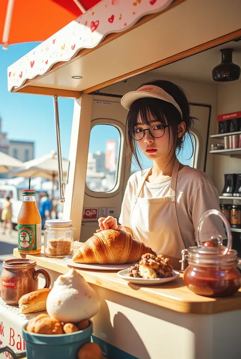 ((Highest Quality、masterpiece、high sensitivity、high resolution、Detailed Description、delicate facial depiction、Ｆvalue：6.0),((Slender Woman、wearing glasses)),apron mini skirt、sun visor、croissant cooking car、 parasol、advertising flag、
