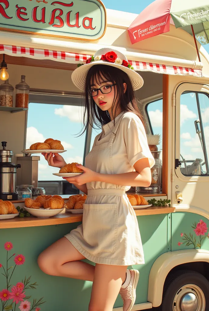 ((Highest Quality、masterpiece、high sensitivity、high resolution、Detailed Description、delicate facial depiction、Ｆvalue：6.0),((Slender Woman、wearing glasses)),apron mini skirt、sun visor、croissant cooking car、 parasol、advertising flag、