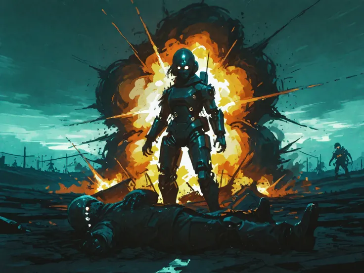 Robbery defeated, fallen or destroyed robot, mechanical battle scene, battlefield, desolate landscape, stormy sky, humo, Explosion effects, dark tones, concept art style, digital illustration, 4k, Ultra detailed, realistic representation, dramatic lighting...