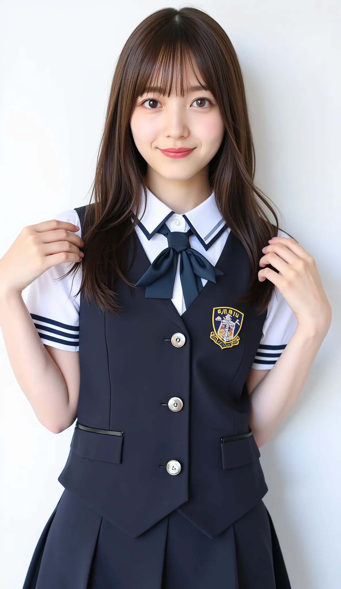 1 girl, score_9, score_8_up, score_7_up, best quality, slender, front view, slight smile, school uniform,