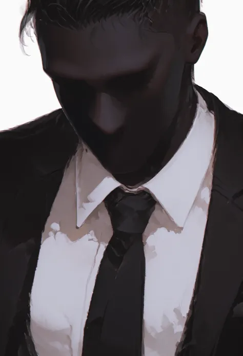 close-up portrait, solo, a tall and muscular man wearing a sleek black suit, white shirt, black tie. His entire head is completely shadowed in black, white background. dark face, noface, no eyes, no noise, no mouth, no face sharp, face obscured