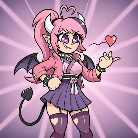masterpiece, best quality, Rubberhose, toon \(style\) IronmouseYokaiHunter, purple eyes, demon horns, demon girl, demon tail, demon wings, pointy ears, ponytail, long hair, earrings, bangs, hair ornament, ear piercing, heart ahoge, jewelry, japanese clothe...