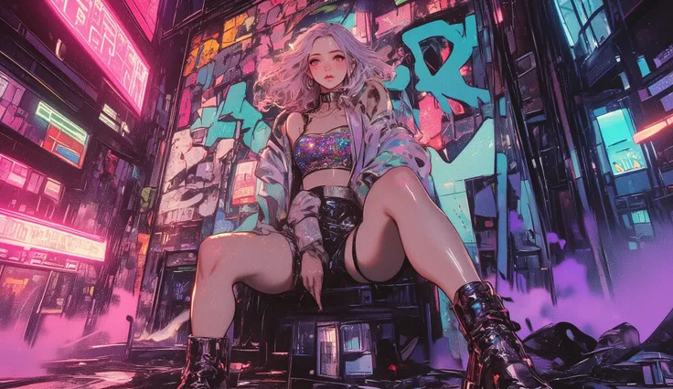 A detailed digital drawing of a bold woman from a low-angle view,with striking red eyes, posing against a huge graffiti-covered wall at night. She wears a sparkling sequin tube top, metallic miniskirt, pastel translucent jacket, and high platform shoes. He...