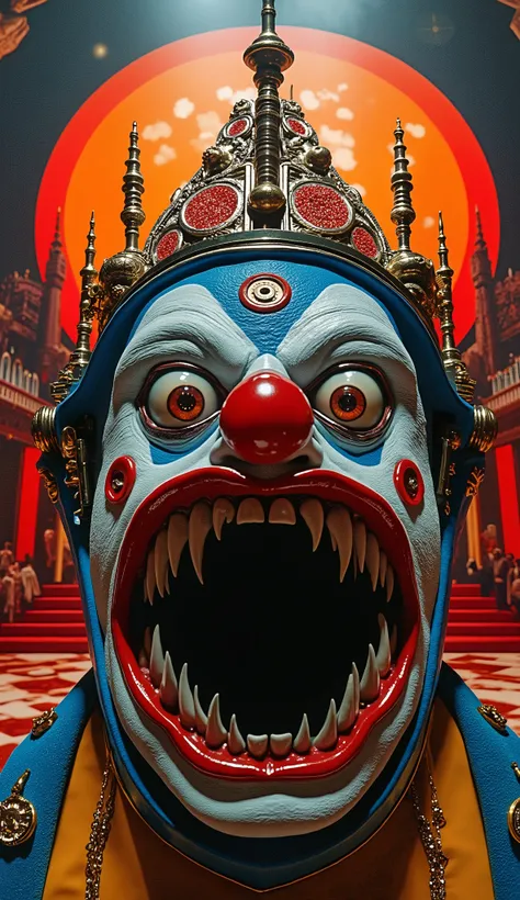 Surrealist Psicopop. Intriguing people in the circus. clowns. Clockwork Orange film. cinematic. 8K.