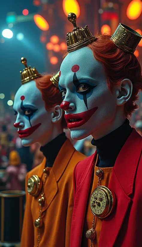 Surrealist Psicopop. Intriguing people in the circus. clowns. Clockwork Orange film. cinematic. 8K.