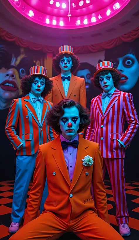 Surrealist Psicopop. Intriguing people in the circus. clowns. Clockwork Orange film. cinematic. 8K.