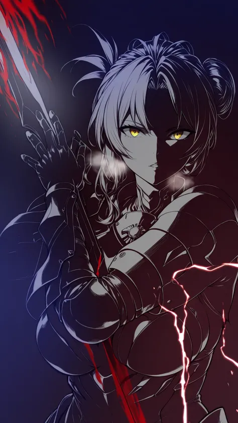 (hiiragi_yuuichi-style), (zonda_(solid_air)-style:0.8), ((anatomical correct)), vignetting, fog, ((monochrome, greyscale, manga-style, spot colors, yellow eyes)), (lineart:1.2), ((disintegration)), perfect body, perfect eyes, perfect fingers, gasping, heav...