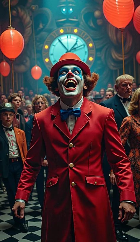 Surrealist Psicopop. Intriguing people in the circus. clowns. Clockwork Orange film. cinematic. 8K.