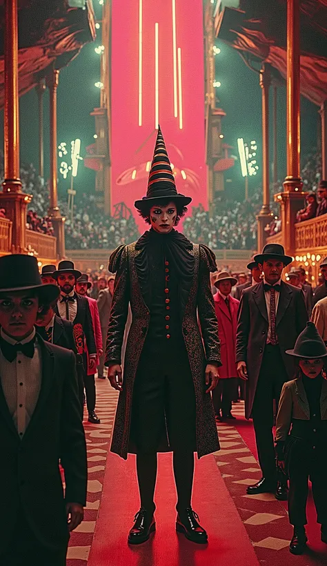 Surrealist Psicopop. Intriguing people in the circus. clowns. Film Meshes of the Afternoon (1943). cinematic. 8K.