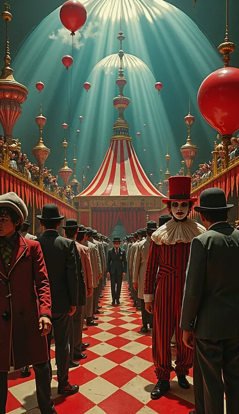 Surrealist Psicopop. Intriguing people in the circus. clowns. Film Meshes of the Afternoon (1943). cinematic. 8K.