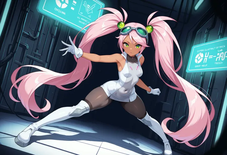 1girl, full body, Lovrina-inspired character, tan skin, vivid pink hair, very long pigtails, extremely long twintails , green eyes, looking at viewer, wearing a futuristic short dress (grey stomach, sleeveless), black pantyhose, grey thigh-high boots, whit...