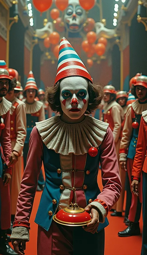 Surrealist Psicopop. Intriguing people in the circus. clowns. Film Meshes of the Afternoon (1943). cinematic. 8K.