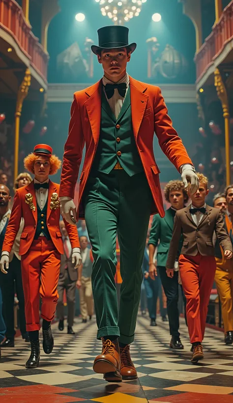 Surrealist Psicopop. Intriguing people in the circus. clowns, Acrobats , Trapeze artists. Clockwork Orange film. cinematic. 8K.