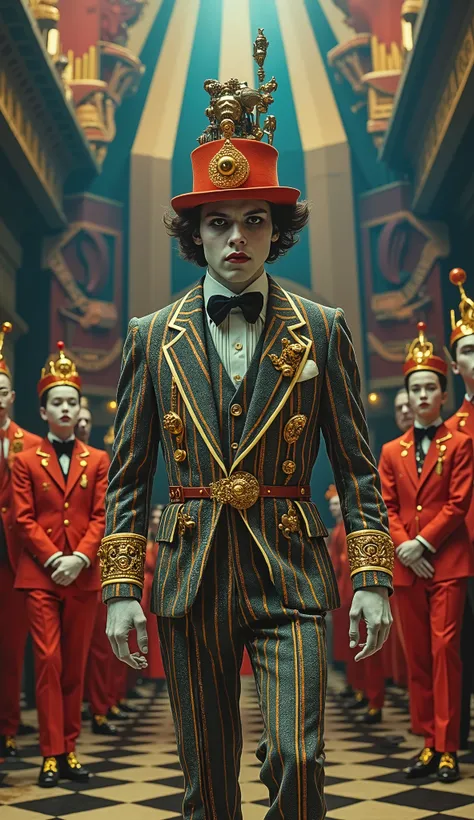 Surrealist Psicopop. Intriguing people in the circus. clowns, Acrobats , Trapeze artists. Clockwork Orange film. cinematic. 8K.