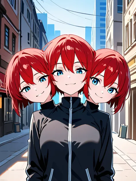 anime girl with three heads, conjoined, red hair, short hair, blue eyes, black jacket, amused smile, looking down at the viewer, city street