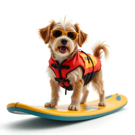 The white background depicts dynamic and fun scene: a dog in a bright red or yellow life jacket stands confidently on a surfboard. Her paws are placed for balance, the tail is raised , and the face is determined — it's ready for real sea adventures!
The s...