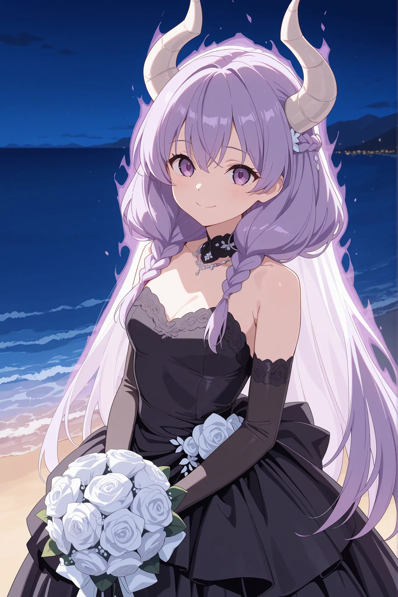 score_9, score_8_Excellent, score_7_Excellent, high res images, masterpiece, Best Quality, source_anime,girl, Seaside, Night, smile, (((black wedding dress))),
aura the guillotine, long hair, purple eyes, purple hair, braid, horns, twin braids, Purple big ...