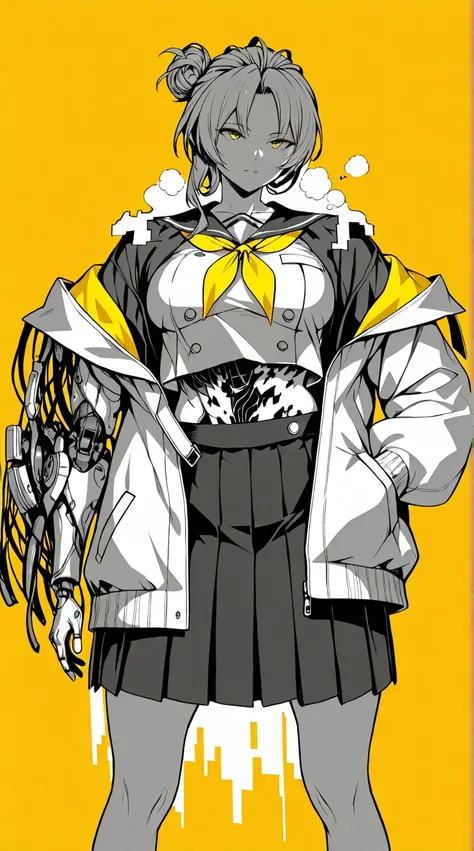 (hiiragi_yuuichi-style), (zonda_(solid_air)-style:0.8), ((anatomical correct)), vignetting, fog, ((monochrome, greyscale, manga-style, spot colors, yellow eyes)), (lineart:1.2), (digital dissolve:1.2), (disintegration body:1.2), perfect body, perfect eyes,...
