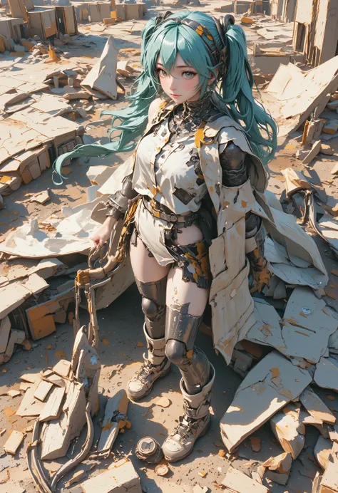 "Wasteland Hatsune Miku, sand-scoured mechanical joints, wind-eroded metal fractures, carbonized synthetic skin peeling, cables coiled around rusted conduits, linen cape in dusty motion, weathered bedrock terrain, minimalist geometric composition, desatura...