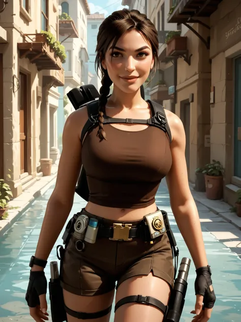Upper-body (illustration) of a heroic, athletic adventurer (Lara Croft) wearing a ((very low-cut)) brown crop top, ((dark brown)) tactical shorts, two black thigh-mounted holsters, black fingerless gloves, black utility belt and her tiny brown backpack; lo...