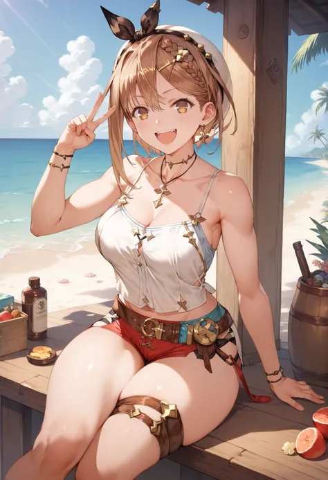  Masterpiece,  top quality,  Hi-Res,   very detailed CG , 2nd Default,   asymmetrical design costume,  Bare Thighs , belt, chest, teeth,  is laughing,  beach,1teen young_girl,white_camisole,large_breasts,large_thighs,short_shorts,apart_legs,raise_fist,sitt...