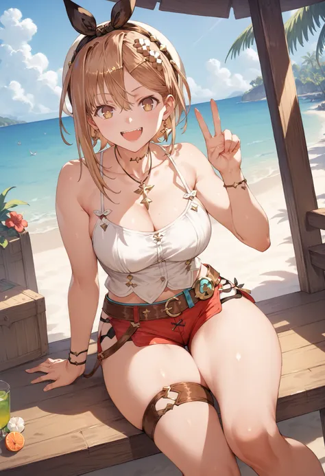  Masterpiece,  top quality,  Hi-Res,   very detailed CG , 2nd Default,   asymmetrical design costume,  Bare Thighs , belt, chest, teeth,  is laughing,  beach,1teen young_girl,white_camisole,large_breasts,large_thighs,short_shorts,apart_legs,raise_fist,sitt...