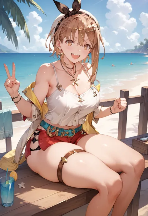 Masterpiece,  top quality,  Hi-Res,   very detailed CG , 2nd Default,   asymmetrical design costume,  Bare Thighs , belt, chest, teeth,  is laughing,  beach,1teen young_girl,white_camisole,large_breasts,large_thighs,short_shorts,apart_legs,raise_fist,sitt...