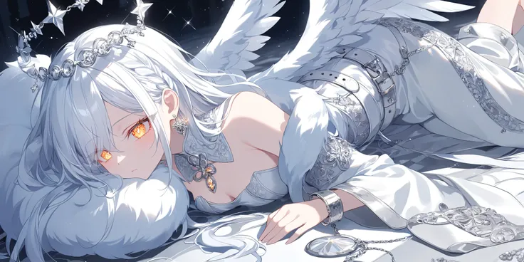 The girl is an angel. she has white skin, long white hair combed to one side and part of her hair covers half of her face. She has light orange eyes with starry sparkling pupils. She is dressed in a black-white outfit: a silver corset, bell-bottomed trous...