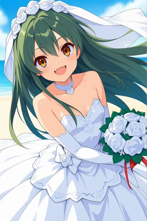 score_9, score_8_Excellent, score_7_Excellent, high res images, masterpiece, Best Quality, source_anime,girl, Seaside, Blue Sky, smile, (((White wedding dress))),
tsuruyaAA,brown eyes,green hair,very long hair,fang,


