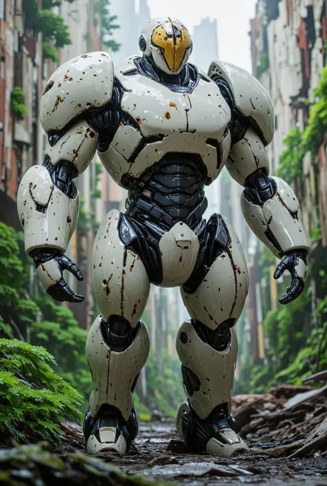 (( In the midst of a devastated city , A Damaged Robot appears , body structure made of worn matte porcelain, part of the Robot's structure compromised , detail in each finish reference to great animes and Mangas and movies and SCI-FI, standing staring int...