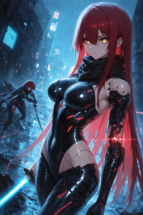 1 woman , golden eyes , very long hair , long sidelocks, red hair, petite , very cute , beautiful ,Straight hair, cool, handsome, hair between eyes, sexy, medium large breast, glowing eyes, black bodysuit, android girl, empty expression, wet, long flowing...