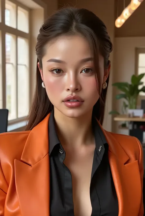 brunette woman, a beautiful female business executive wearing an orange leather Armani business suit with a open black buttondown shirt, wet slicked back blonde hair, strong seductive makeup, bedroom eyes, cinematic lighting, a corporate photography, top e...