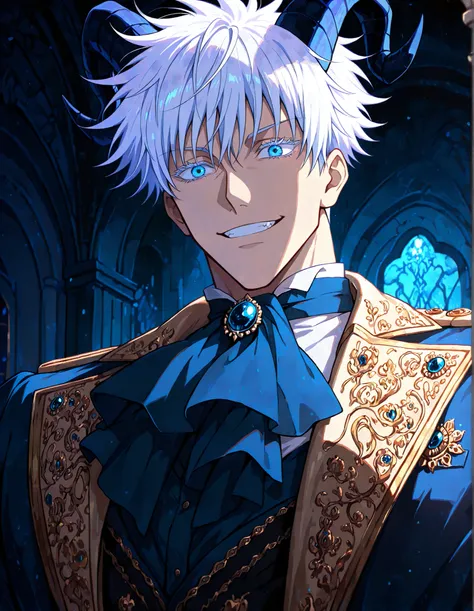 (masterpiece, best quality, highly detailed, mature) male, solo, 1man,adult, male focus, smile, gojou satoru, jujutsu kaisen, blue eyes, white hair, short hair, sexy man, handsome face, colored eyelashes, handsome face, beautiful face, beautiful colors, m...