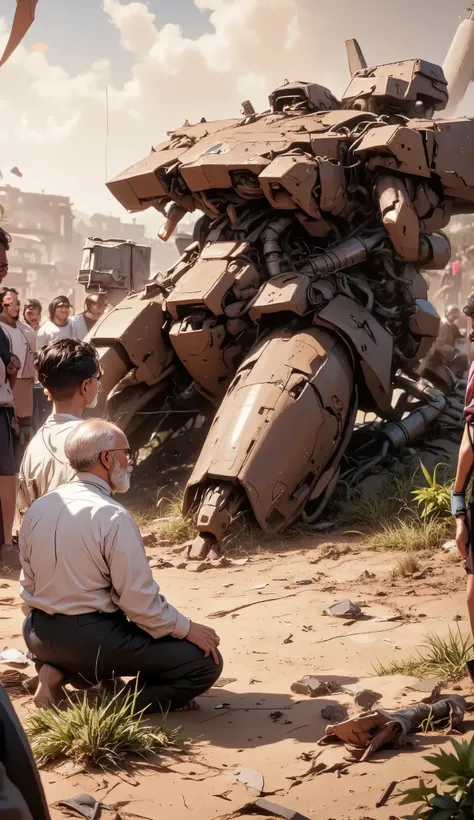 Savannah in the dry season,Withered Iron Arms,sit down after losing strength,Buried Gun Barrel,Flaky Armor,Dead Iron Giant,wise man praying to mourn giants,young people who are outraged by asymmetric justice,crowd questioning the reality,lying body bag,Wom...