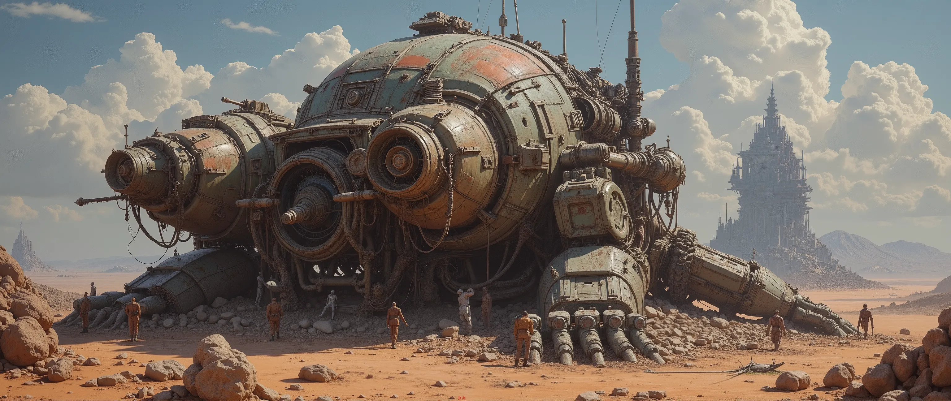 epic oil painting , 16 thousand., artistic masterpiece , correct human anatomy, Fantasy zone , science fiction, 3000 years old , a very futuristic landscape with broken destroyed fantastic military devices and mechanisms , on the mysterious planet MA...
