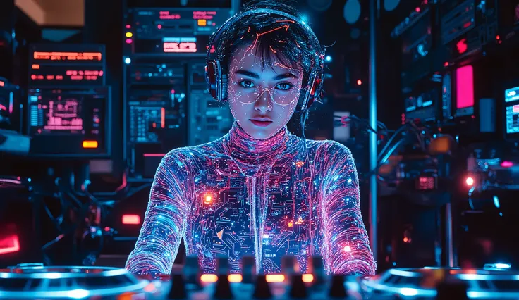 A highly detailed hologram of a music producer inside a fractal loop, hi-tech circuit board patterns bursts from synthesizers and audio-cables in chaos, in a macro microscopic view of audio signal. Extremely detailed, photorealistic vintage photo (mild gra...