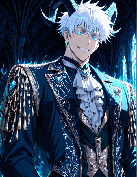 (masterpiece, best quality, highly detailed, mature) male, solo, 1man,adult, male focus, smile, gojou satoru, jujutsu kaisen, blue eyes, white hair, short hair, sexy man, handsome face, colored eyelashes, handsome face, beautiful face, beautiful colors, m...