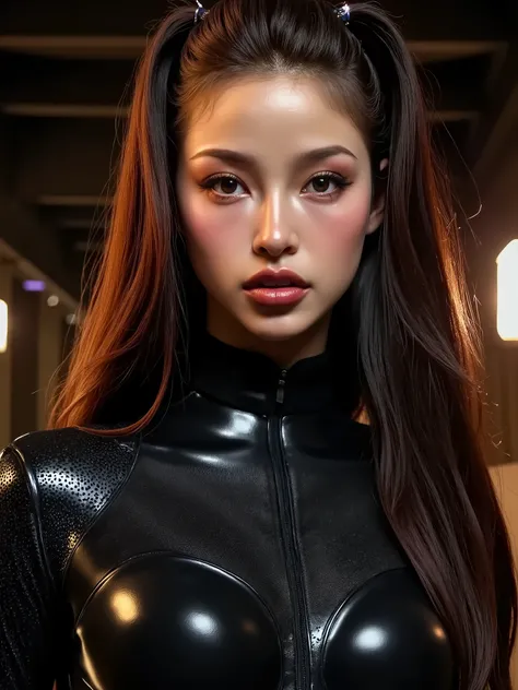 A portrait of a woman, (makeup:1.4), amazing body, (fit body:1.2), latex outfit, highly detailed fur, natural skin texture, 4k textures, detailed belly, Highly detailed perfect smooth skin, Lightroom, Intricate, Ultra-Realistic, Out There, (HDR:1.3), UHD, ...