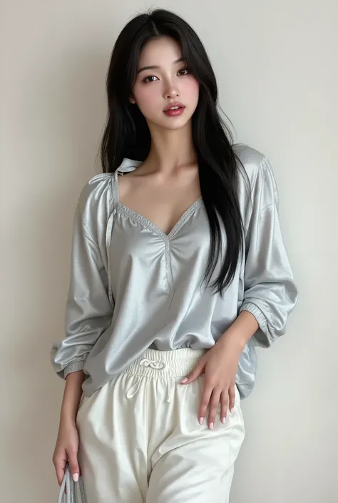 asian woman wearing a loose shiny silver blouse and white pantalon pants