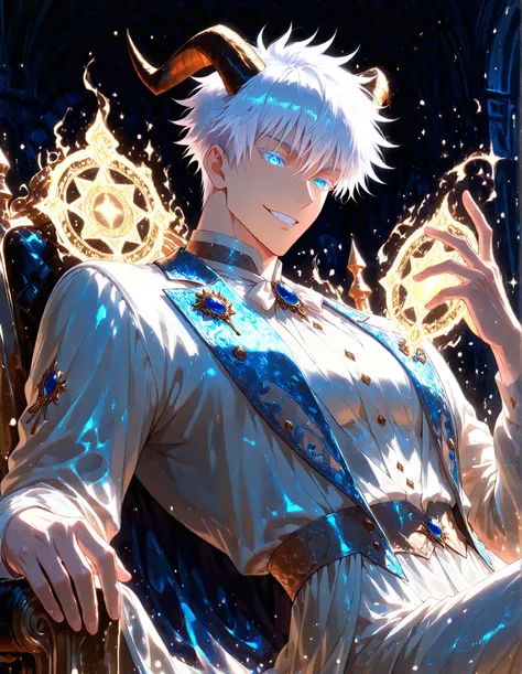 (masterpiece, best quality, highly detailed, mature) male, solo, 1man,adult, male focus, smile, gojou satoru, jujutsu kaisen, blue eyes, white hair, short hair, sexy man, handsome face, colored eyelashes, handsome face, beautiful face, beautiful colors, m...
