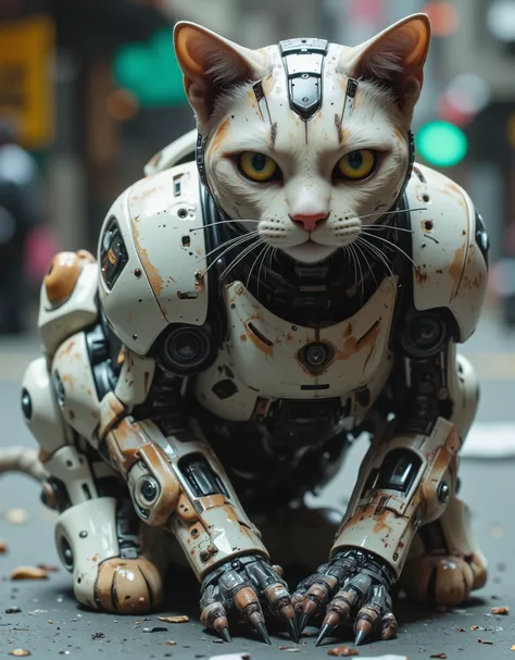 A rusty, damaged old robot cat