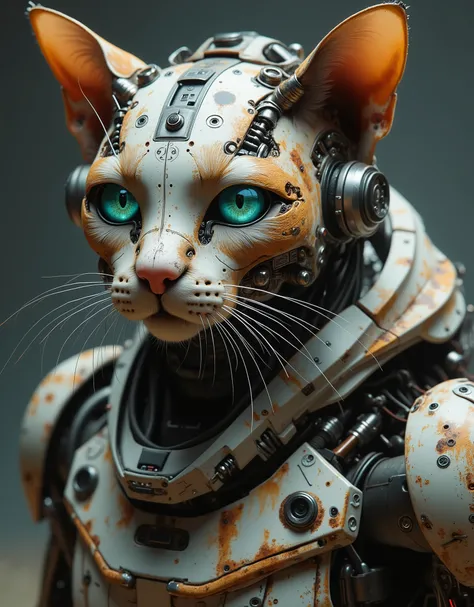 A rusty, damaged old robot cat