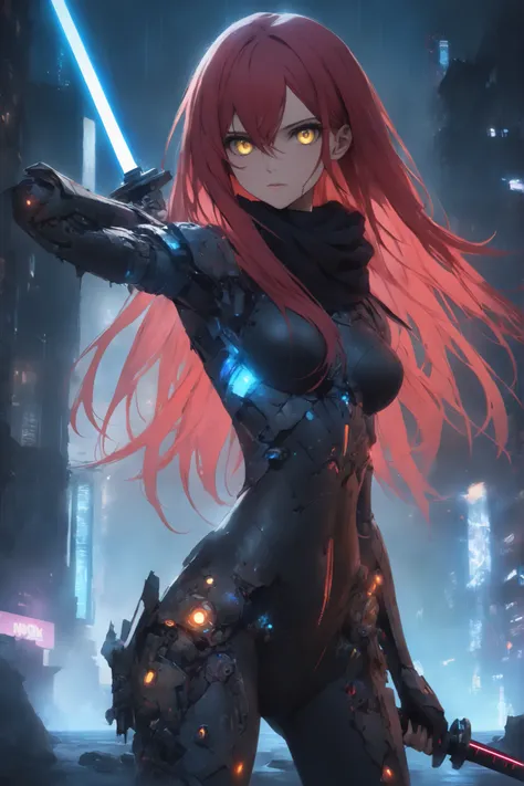 1 woman , golden eyes , very long hair , long sidelocks, red hair, petite , very cute , beautiful ,Straight hair, cool, handsome, hair between eyes, sexy, medium large breast,  glowing eyes, black bodysuit, android girl, empty expression, wet, long flowing...