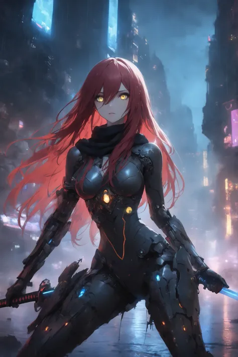 1 woman , golden eyes , very long hair , long sidelocks, red hair, petite , very cute , beautiful ,Straight hair, cool, handsome, hair between eyes, sexy, medium large breast,  glowing eyes, black bodysuit, android girl, empty expression, wet, long flowing...